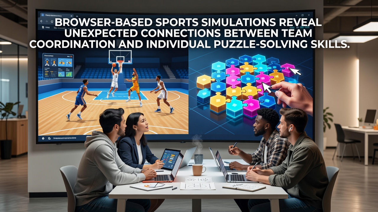 Players collaborating in a browser-based sports simulation with puzzle elements overlaid on a virtual field