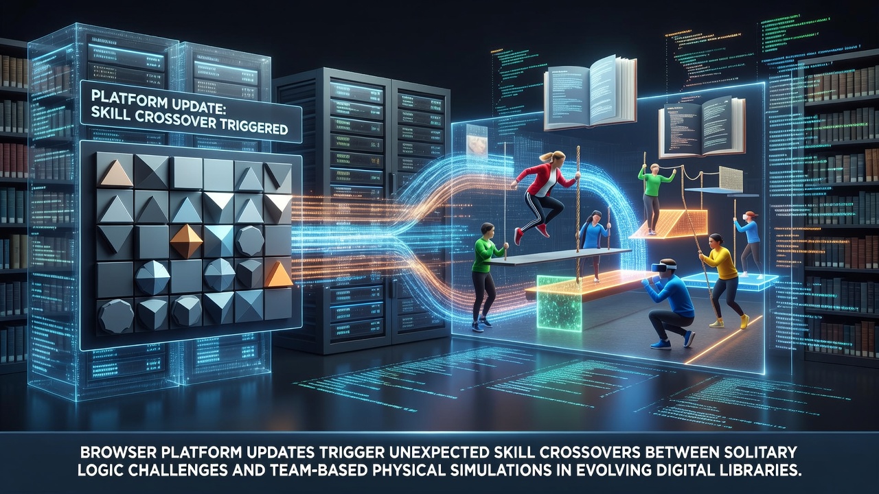 Browser interface displaying integrated logic puzzle modules alongside team-based physics simulation environments in a shared digital library dashboard