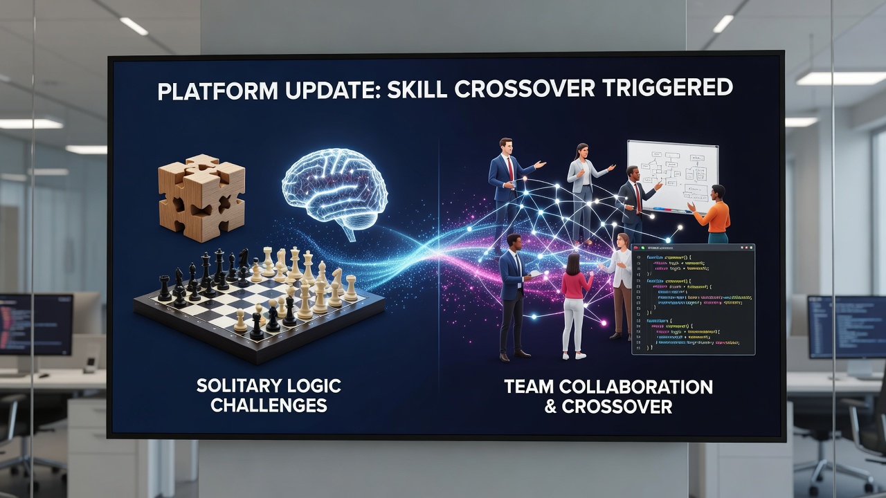 Analytics dashboard showing skill transfer metrics between individual logic modules and collaborative physics simulations in browser-based digital libraries