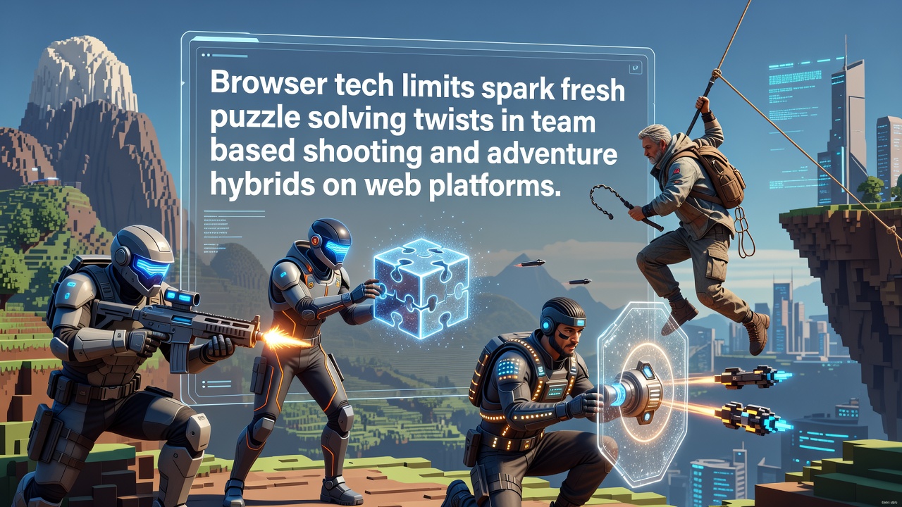 Team-based web game interface showing puzzle elements integrated with shooting mechanics in a browser environment