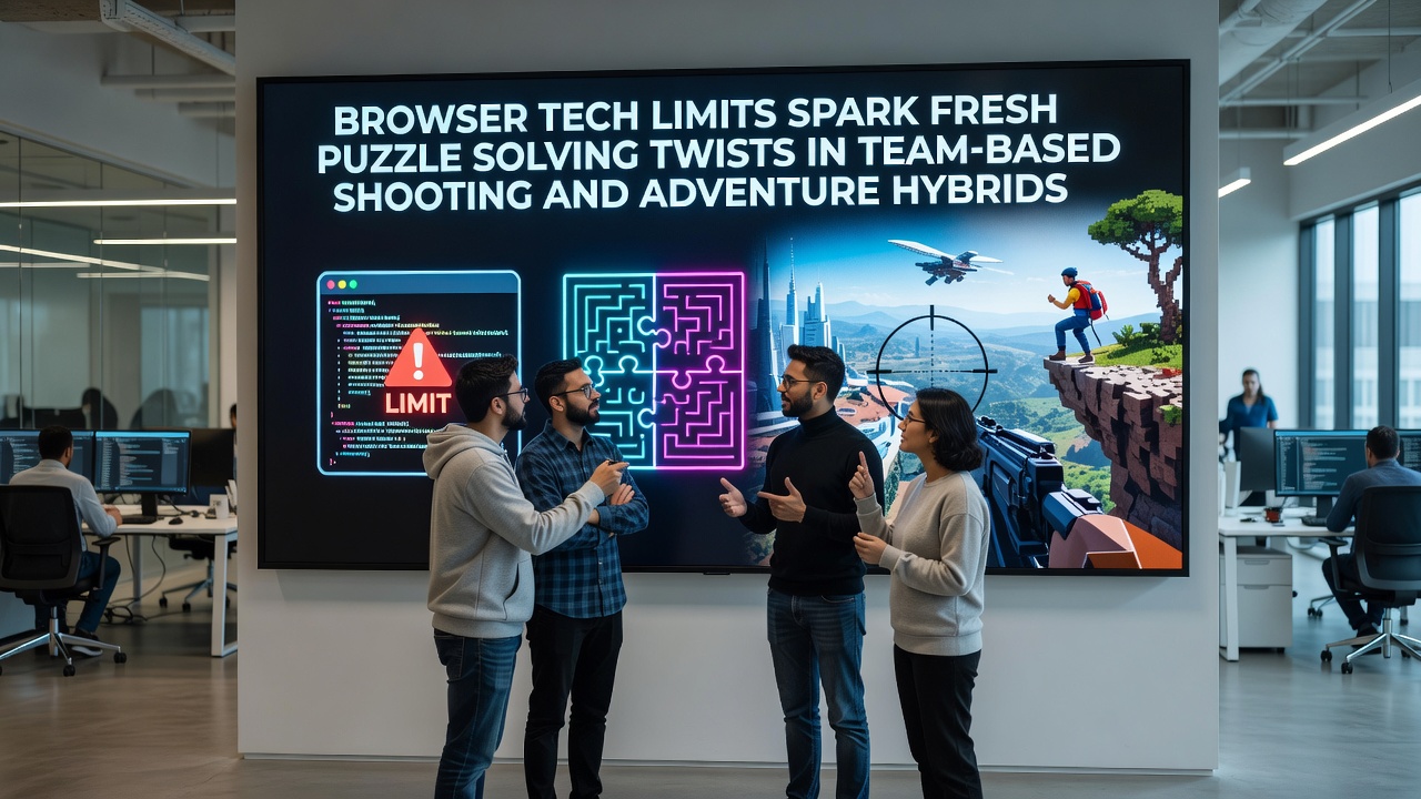 Multiplayer browser game screenshot displaying collaborative puzzle solving alongside adventure navigation and shooting elements