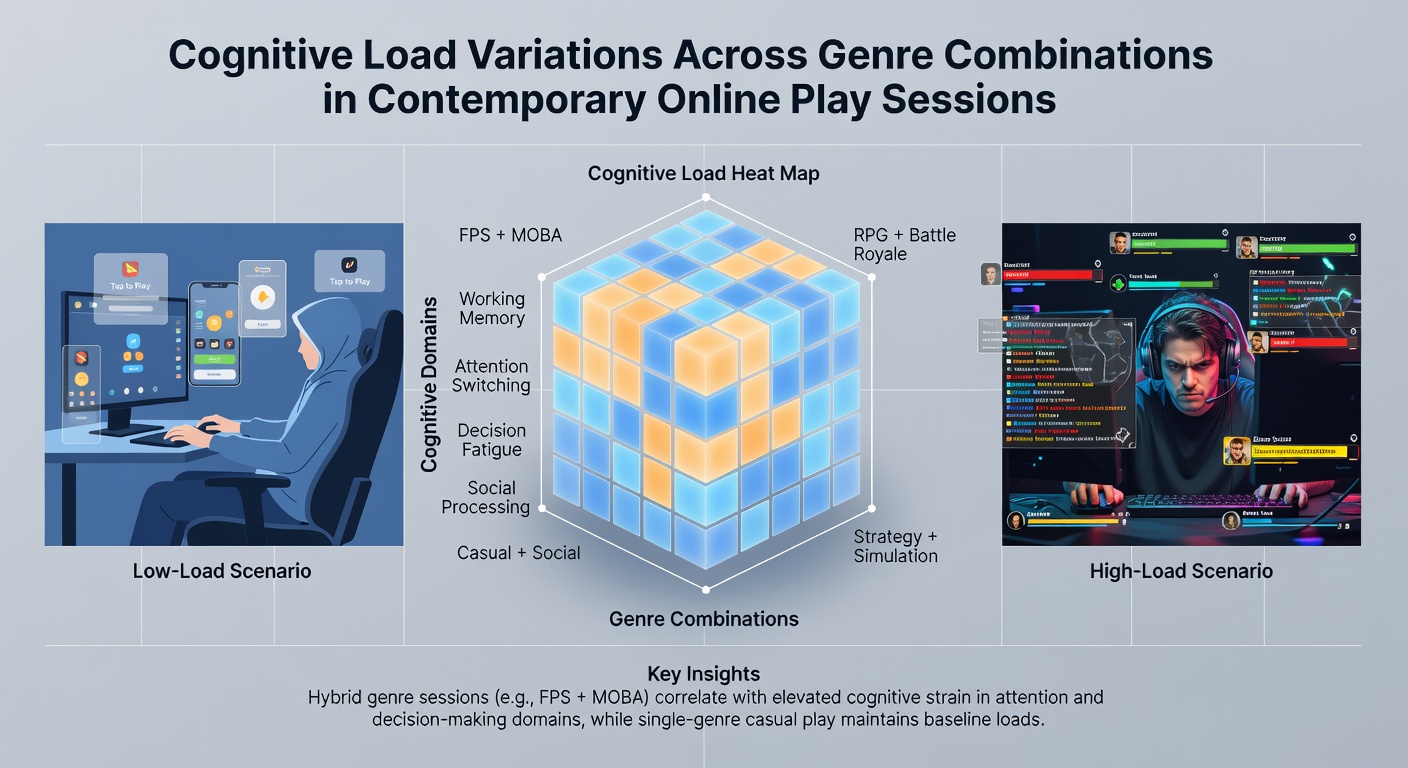 Heatmap visualization of cognitive load peaks during mixed-genre online gameplay sessions