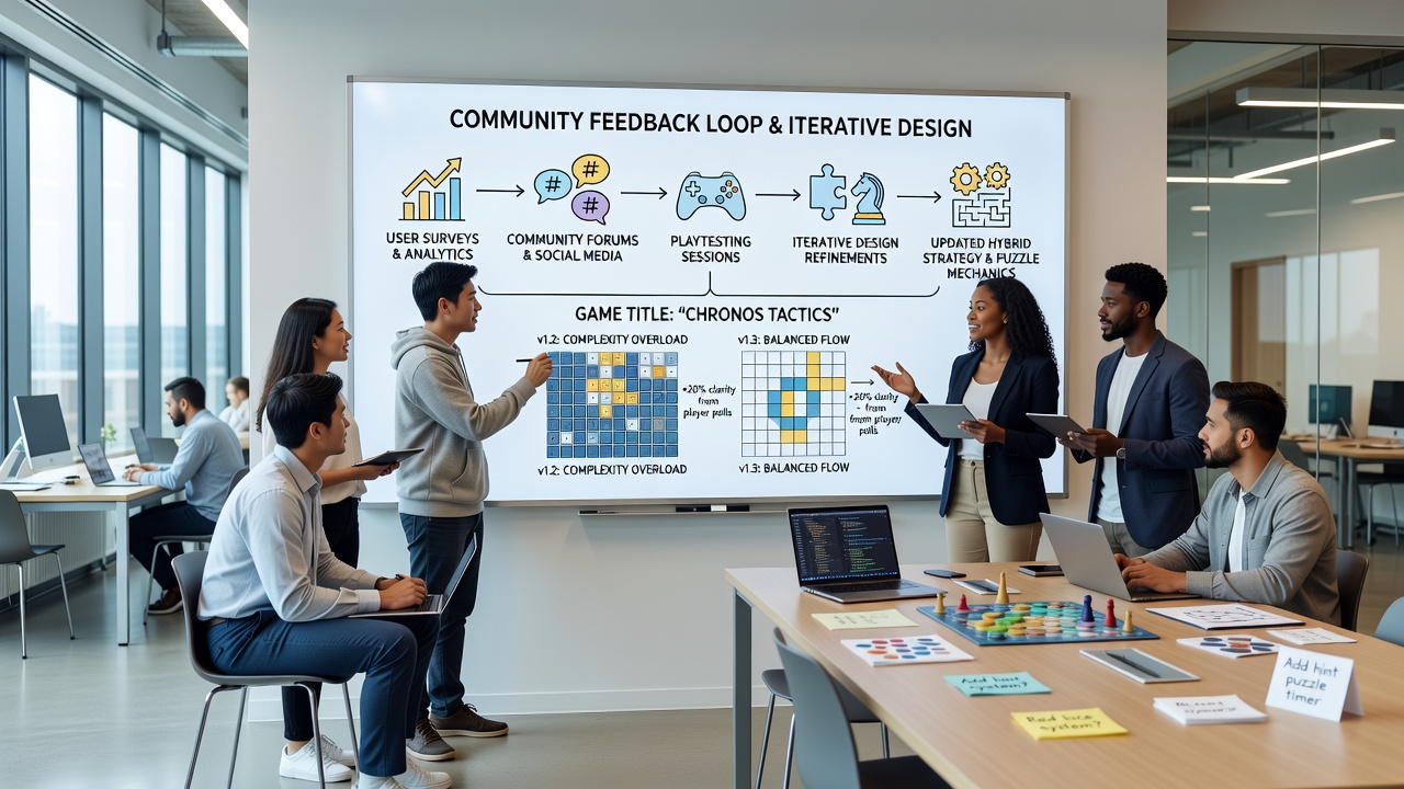 Players engaging with iterative design updates in a browser-based hybrid strategy puzzle game session