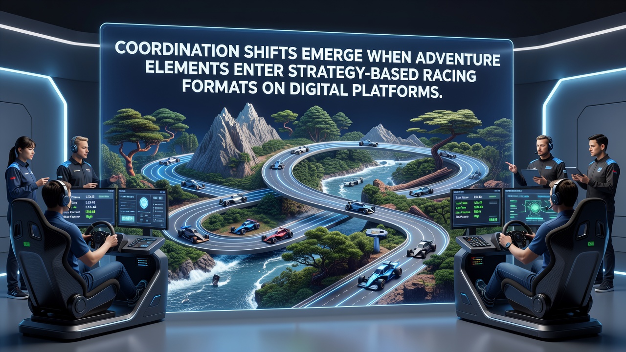 Digital platform interface showing players navigating strategy-based racing routes combined with adventure exploration elements