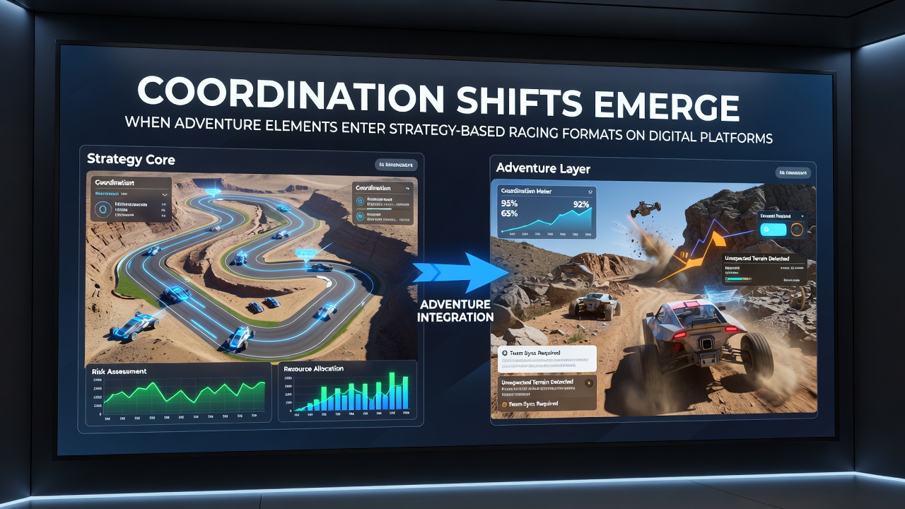 Team coordination screen in a strategy racing game where adventure quest markers influence route decisions on digital platforms