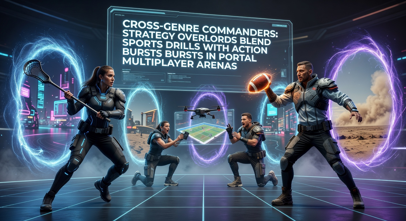 Players commanding strategy overlords in a vibrant portal arena, executing sports drills amid action bursts