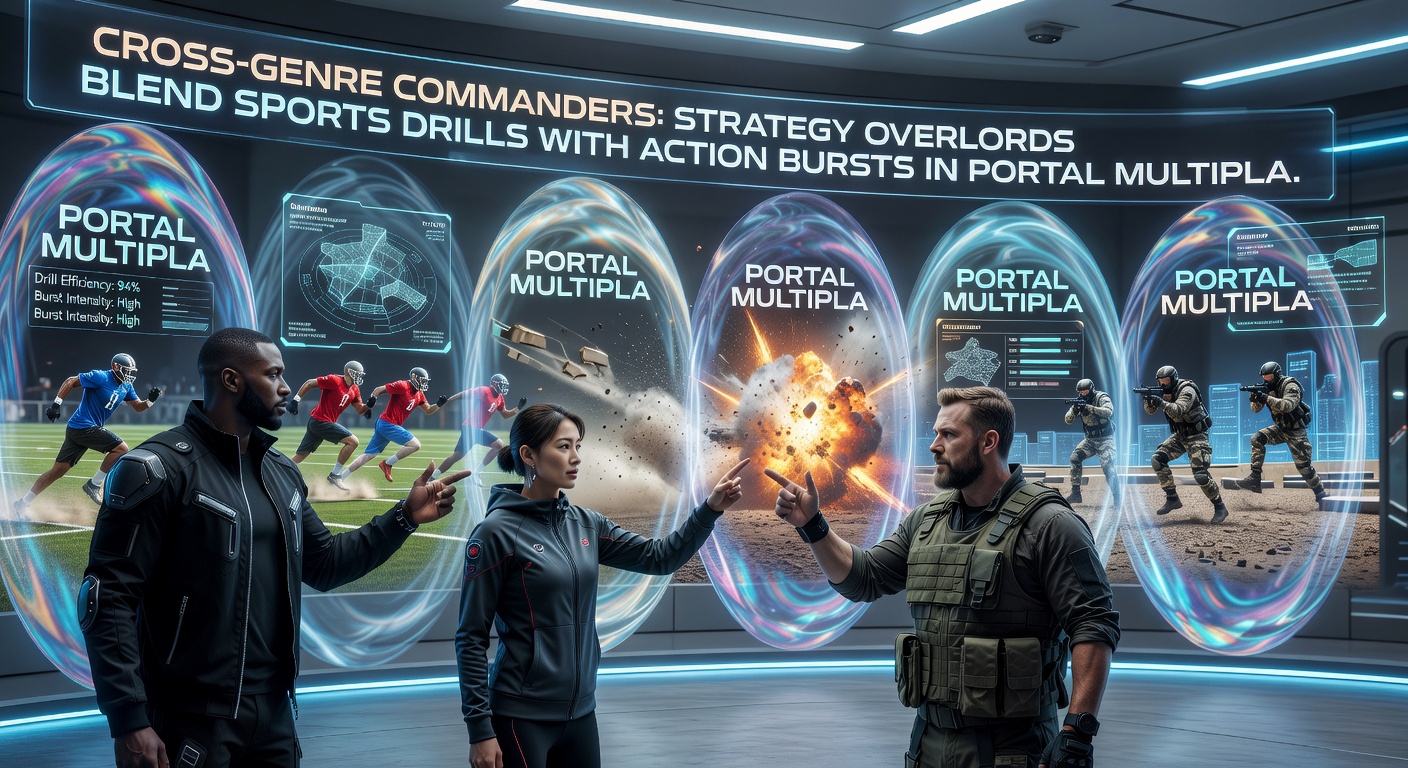 Intense multiplayer action in a portal-filled arena, with overlords directing sports drills and explosive bursts