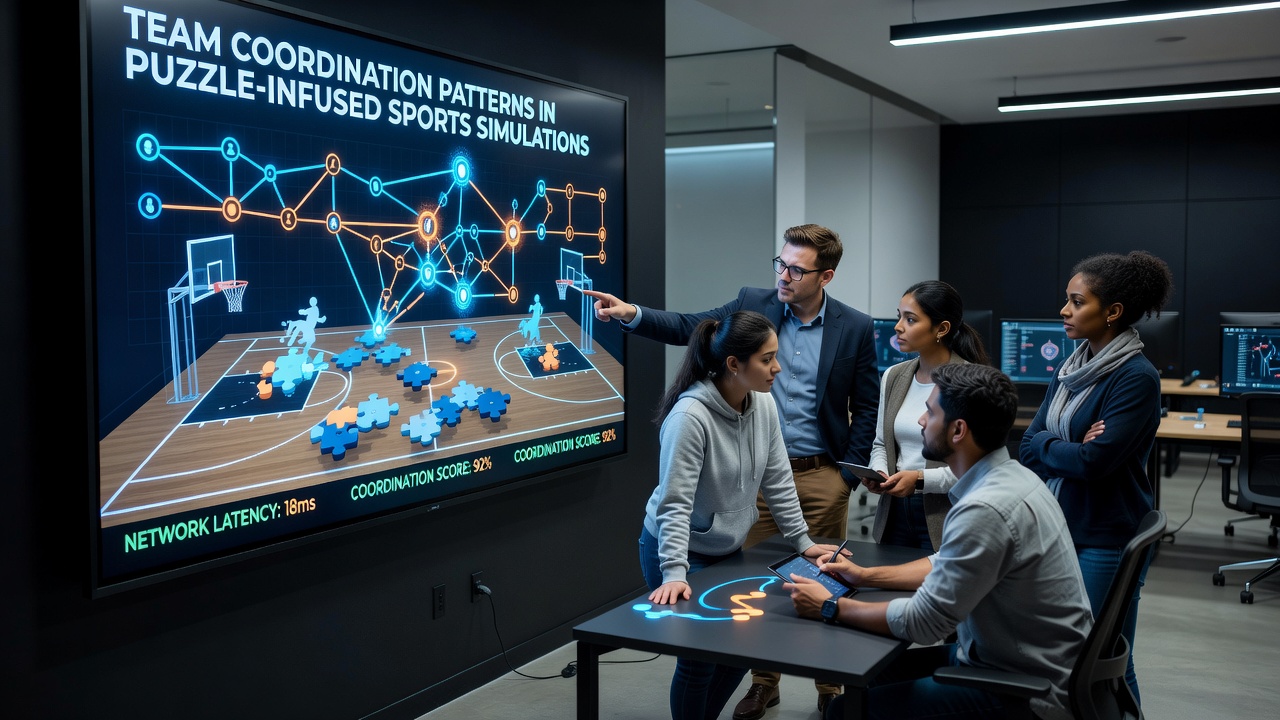 Networked gaming interface showing team members solving puzzle elements within a sports simulation match