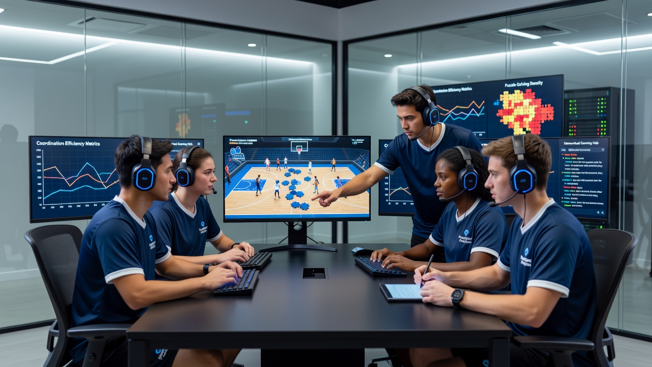 Players coordinating in real-time during a sports simulation with overlaid puzzle indicators on a networked platform