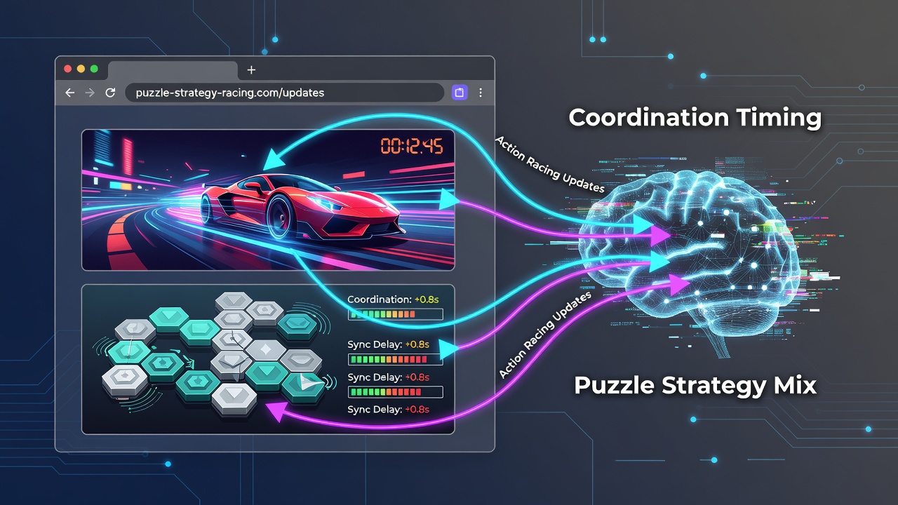 Browser interface displaying integrated puzzle and racing mechanics with timing overlays