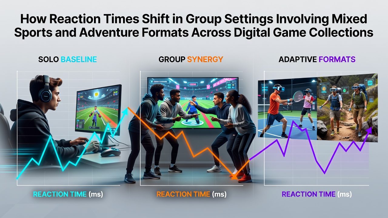 Group of players engaged in a mixed sports and adventure digital game session showing coordinated reactions on screen