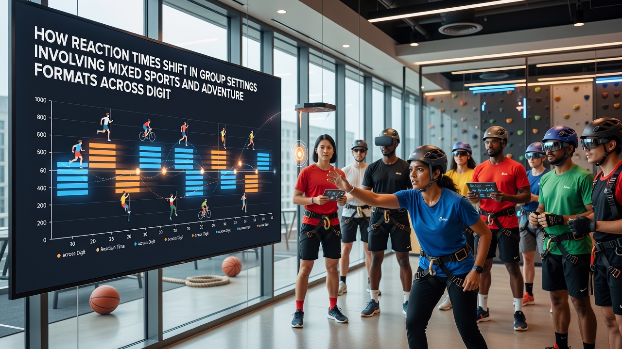 Digital interface displaying reaction time metrics during a multiplayer sports-adventure crossover match
