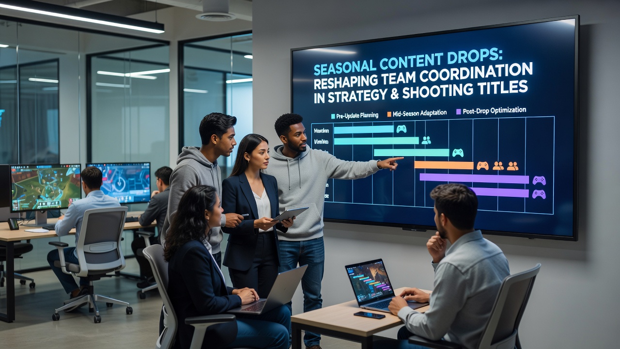 Team members coordinating during a seasonal event in a strategy-shooter hybrid game on a digital platform