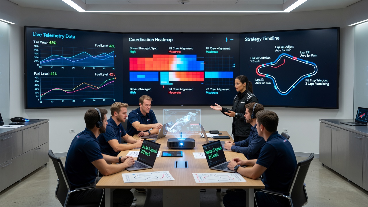 Team coordination dashboard in browser game with visual feedback for racing and strategy balance