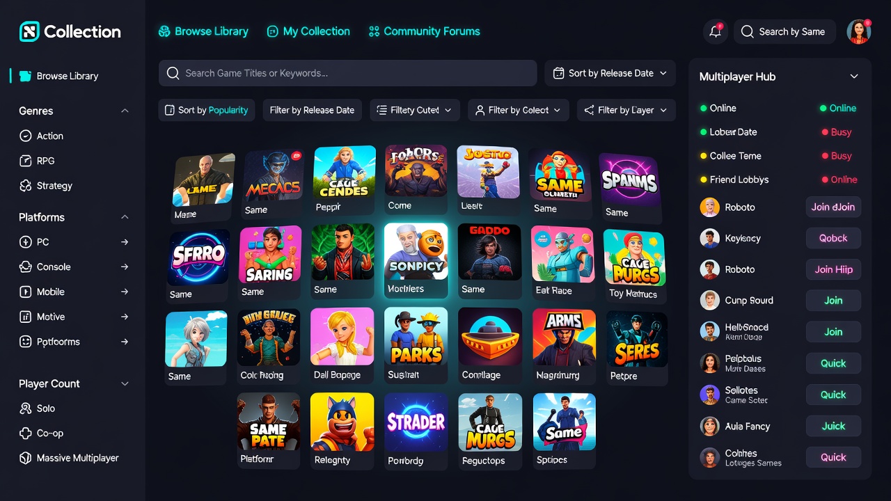 Screenshot of a multiplayer portal homepage showing categorized game library grids with search filters and recommendation panels