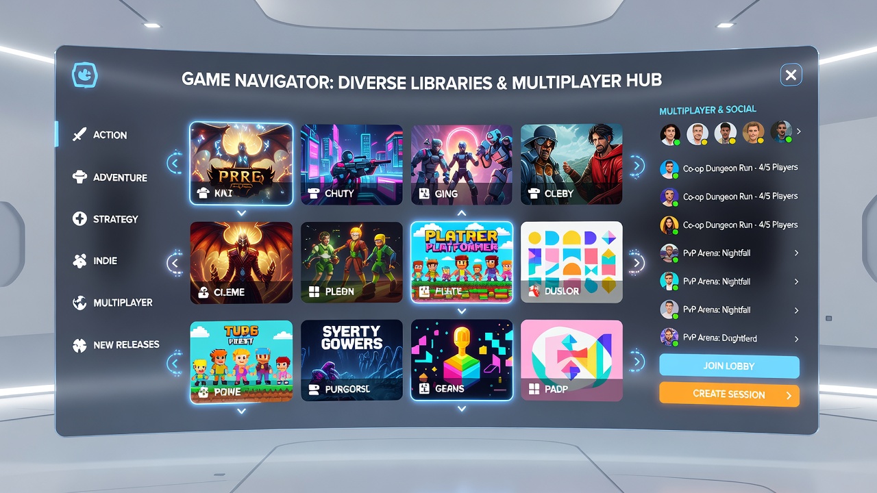 Close-up view of a game library interface featuring adaptive filters, player count indicators, and personalized recommendation rows
