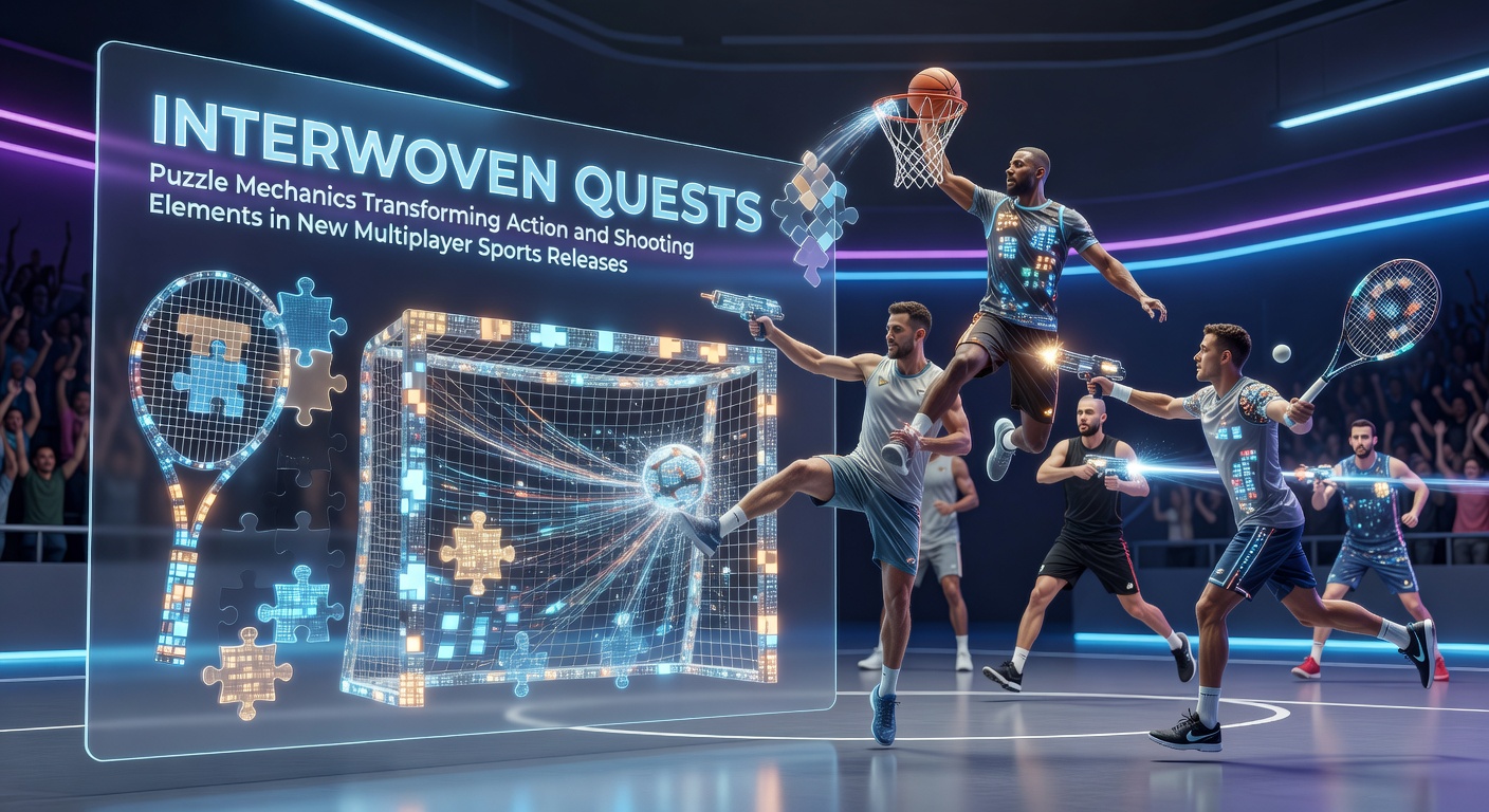 Multiplayer sports arena where players solve environmental puzzles while engaging in shooting sequences during a team match