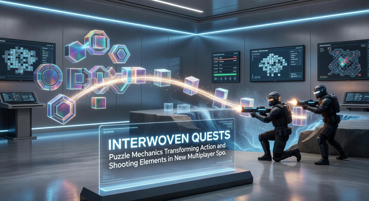 Team coordinating to solve a glowing puzzle node in a futuristic sports arena while opponents prepare shooting attacks