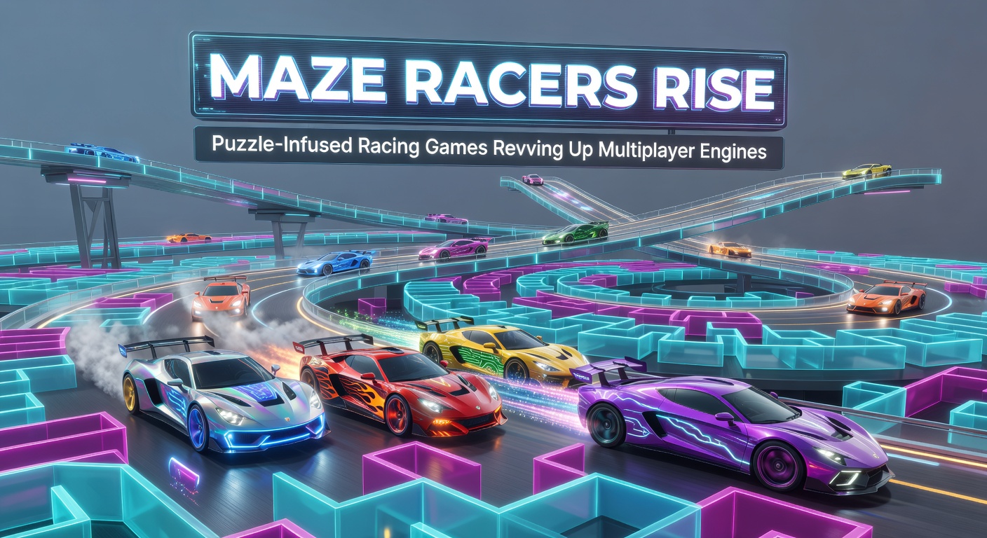 Colorful screenshot of players maneuvering high-speed vehicles through twisting maze tracks filled with glowing puzzle obstacles in a vibrant multiplayer arena