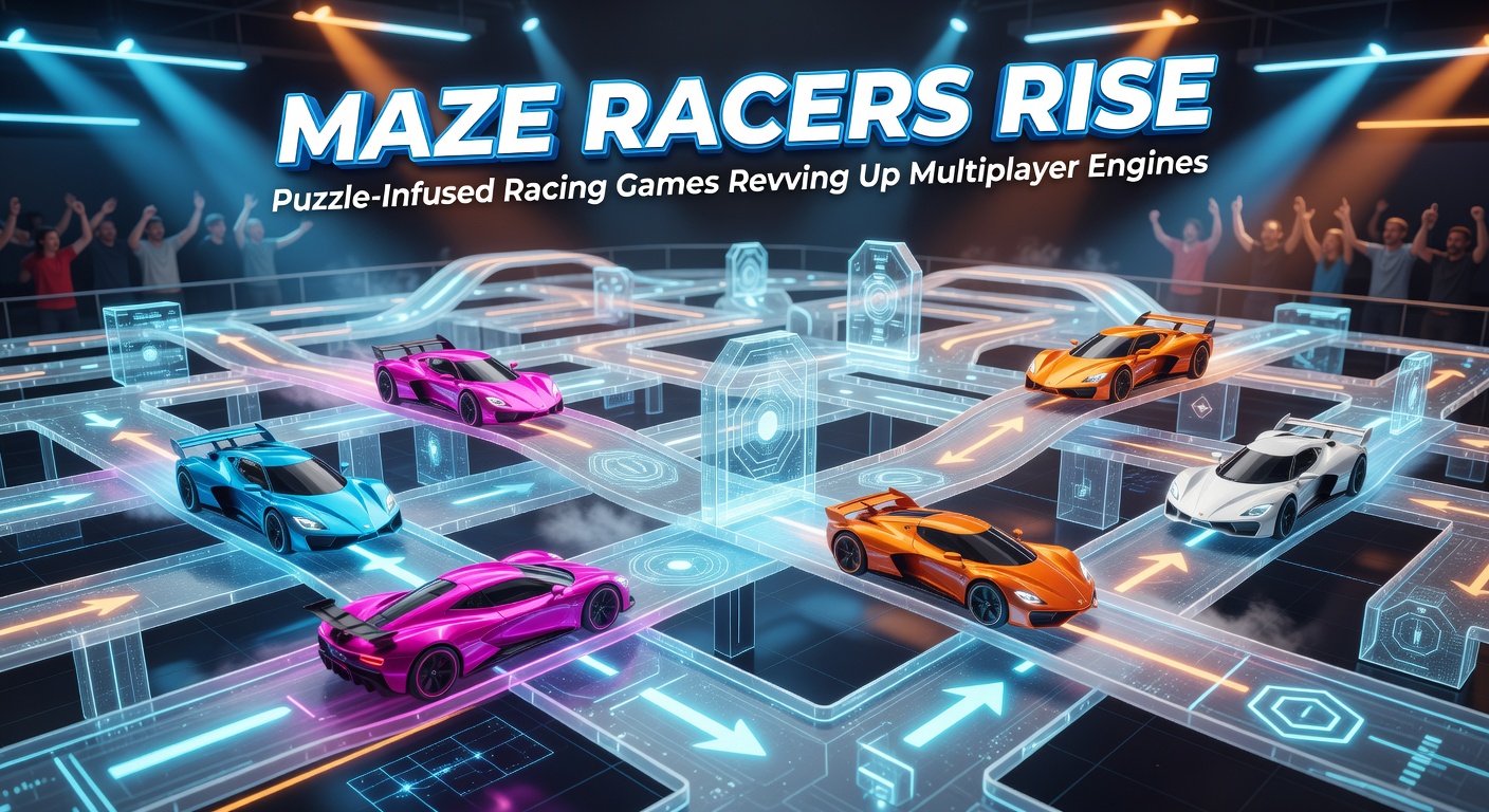 Intense multiplayer scene showing four racers competing in a puzzle-filled arena, with one player activating a massive gate while others weave through traps