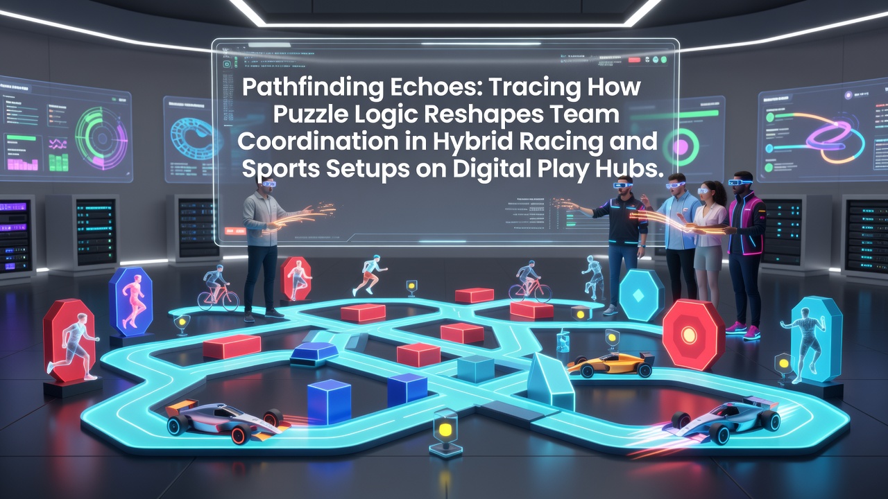 Digital play hub interface displaying integrated pathfinding puzzles within hybrid racing and team sports environments