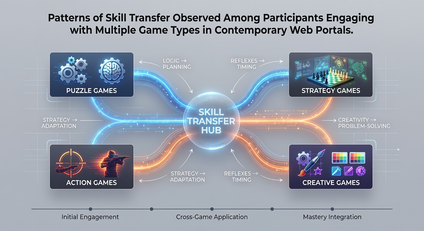 Participants navigating various game interfaces on a web portal showing skill adaptation across genres