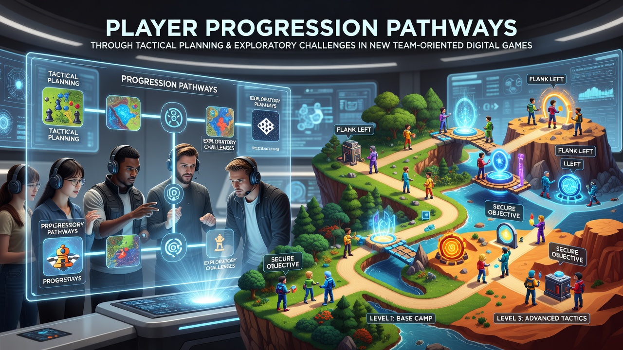 Team players navigating a digital environment with tactical maps and exploration markers in a multiplayer game session