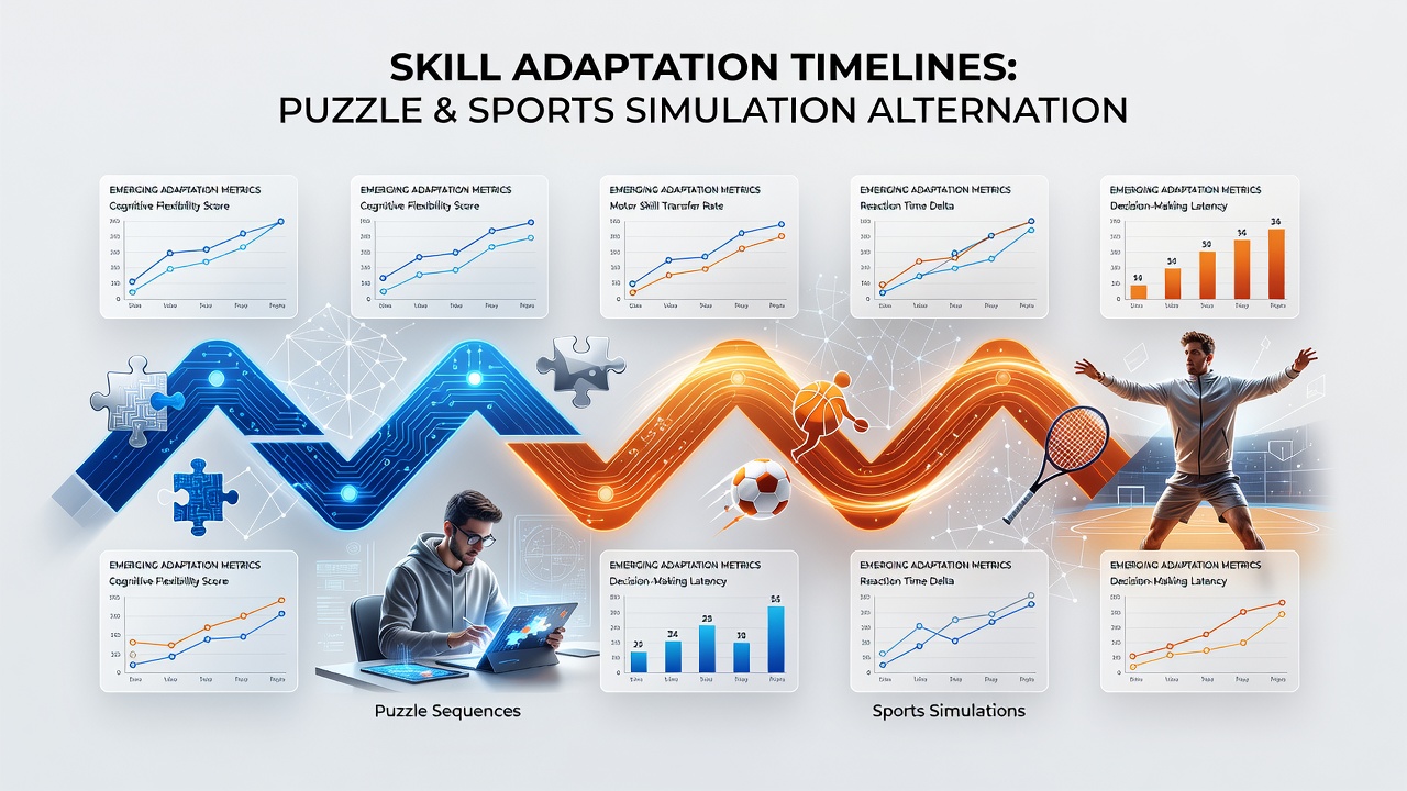 Split-screen view of puzzle grid next to sports simulation field with performance metrics overlay
