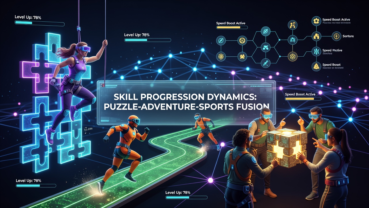 Networked multiplayer game interface showing puzzle elements integrated with sports and adventure challenges