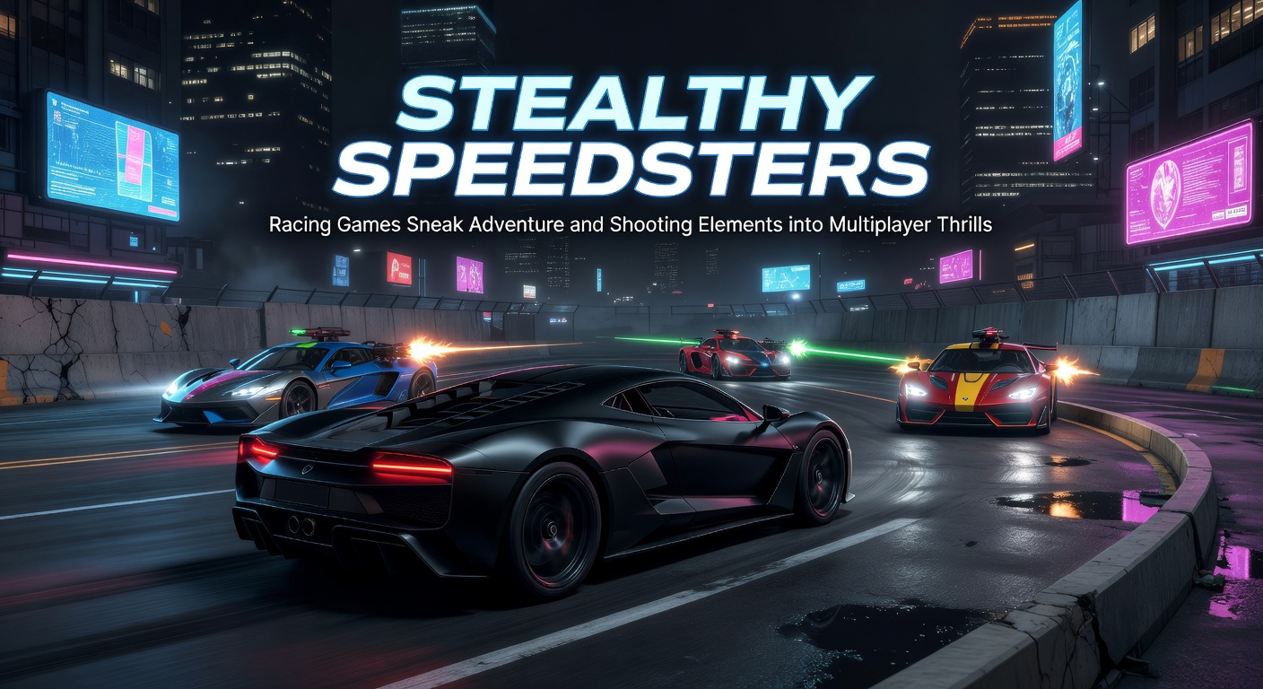 High-octane racing scene where vehicles weave through adventure-filled tracks while exchanging fire in a bustling multiplayer lobby