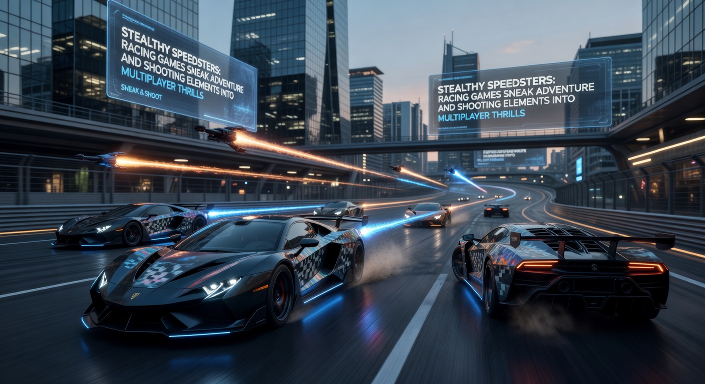 Multiplayer racers unleashing shooting volleys during an adventure quest on a neon-lit futuristic circuit