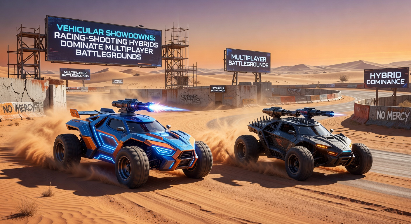 Explosive multiplayer arena where armored vehicles race at high speeds while exchanging missile barrages and machine-gun fire, debris flying amid neon-lit tracks