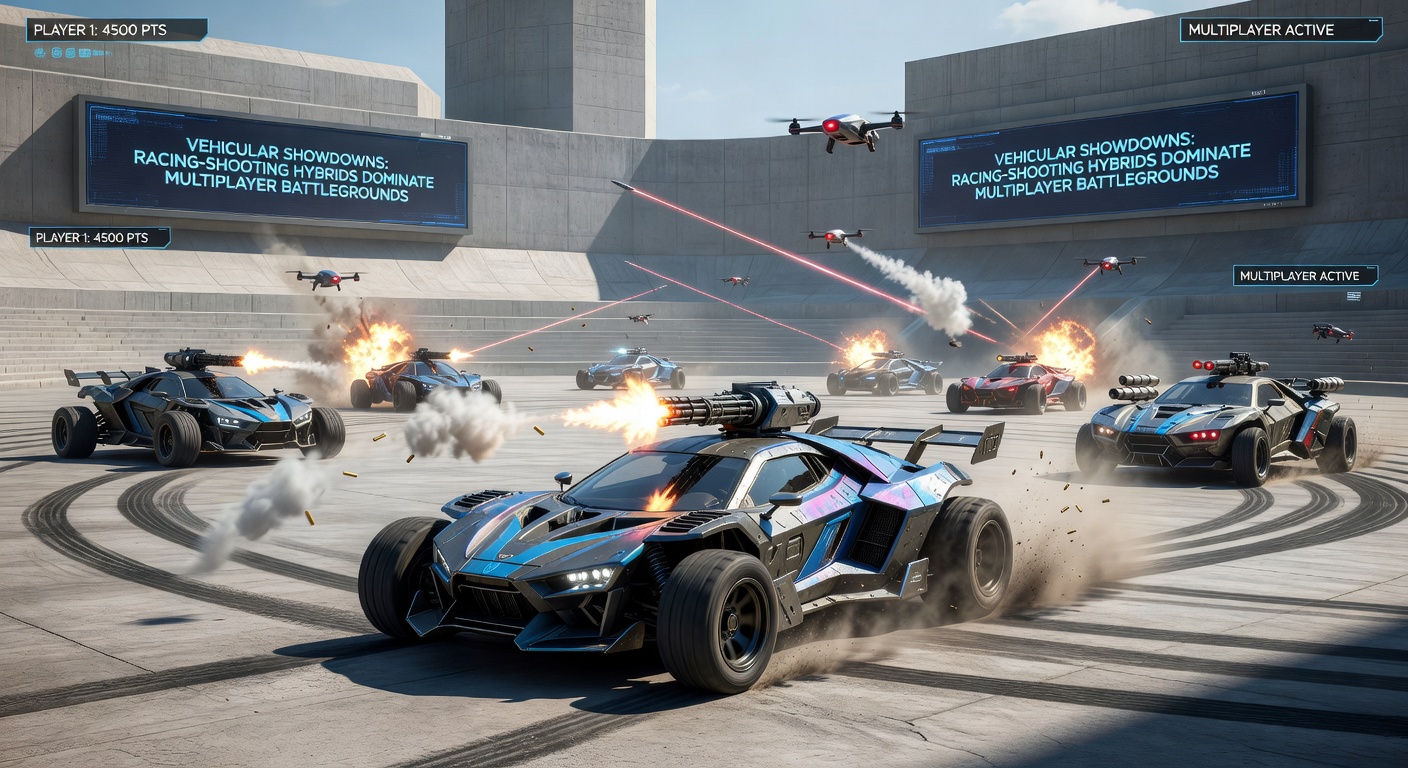 Close-up of customized combat vehicles mid-drift on a futuristic track, sparks from collisions and tracer rounds illuminating the chaotic multiplayer fray